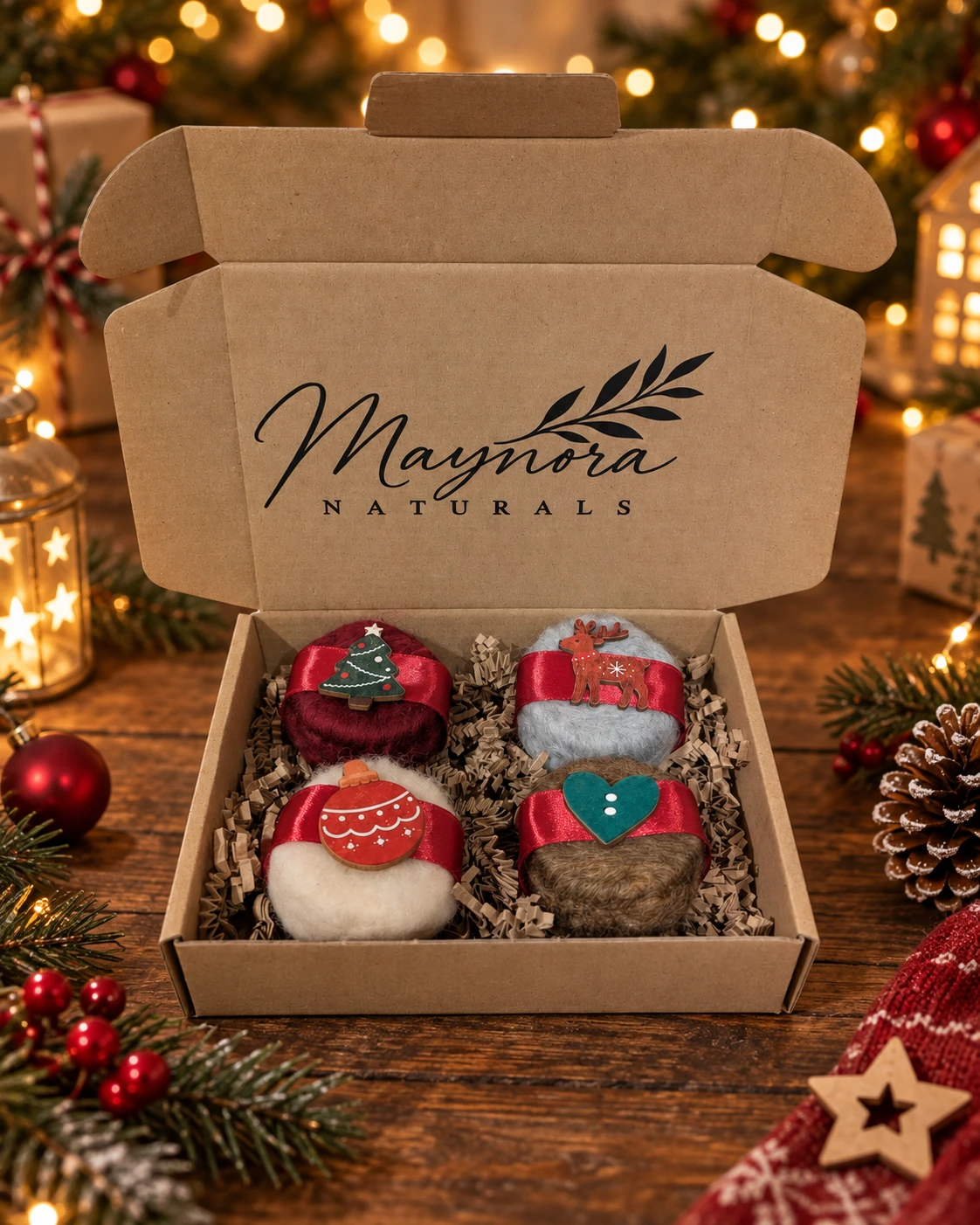 Geöffnetes Maynora Weihnachtsset mit vier Merinoseifen