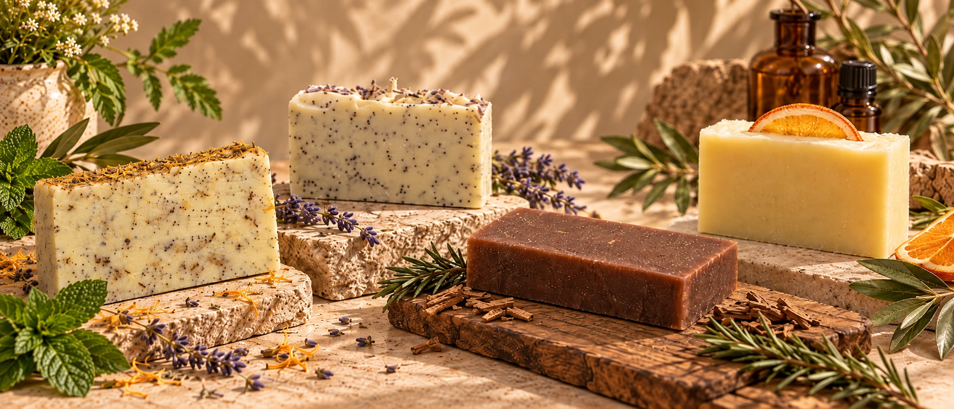 Auswahl handgemachter Maynora Naturseifen mit Kräutern, Lavendel, Rosmarin und Orange