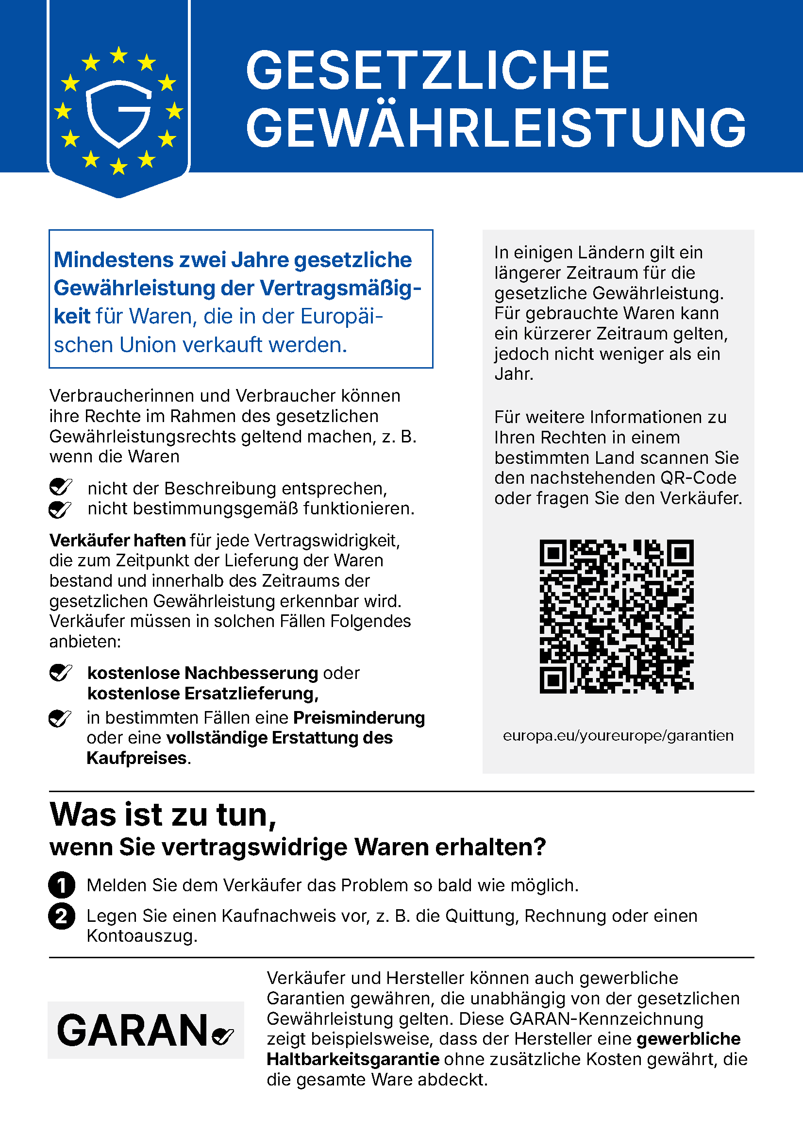 Offizieller EU-Hinweis zur gesetzlichen Gewährleistung beim Warenkauf
