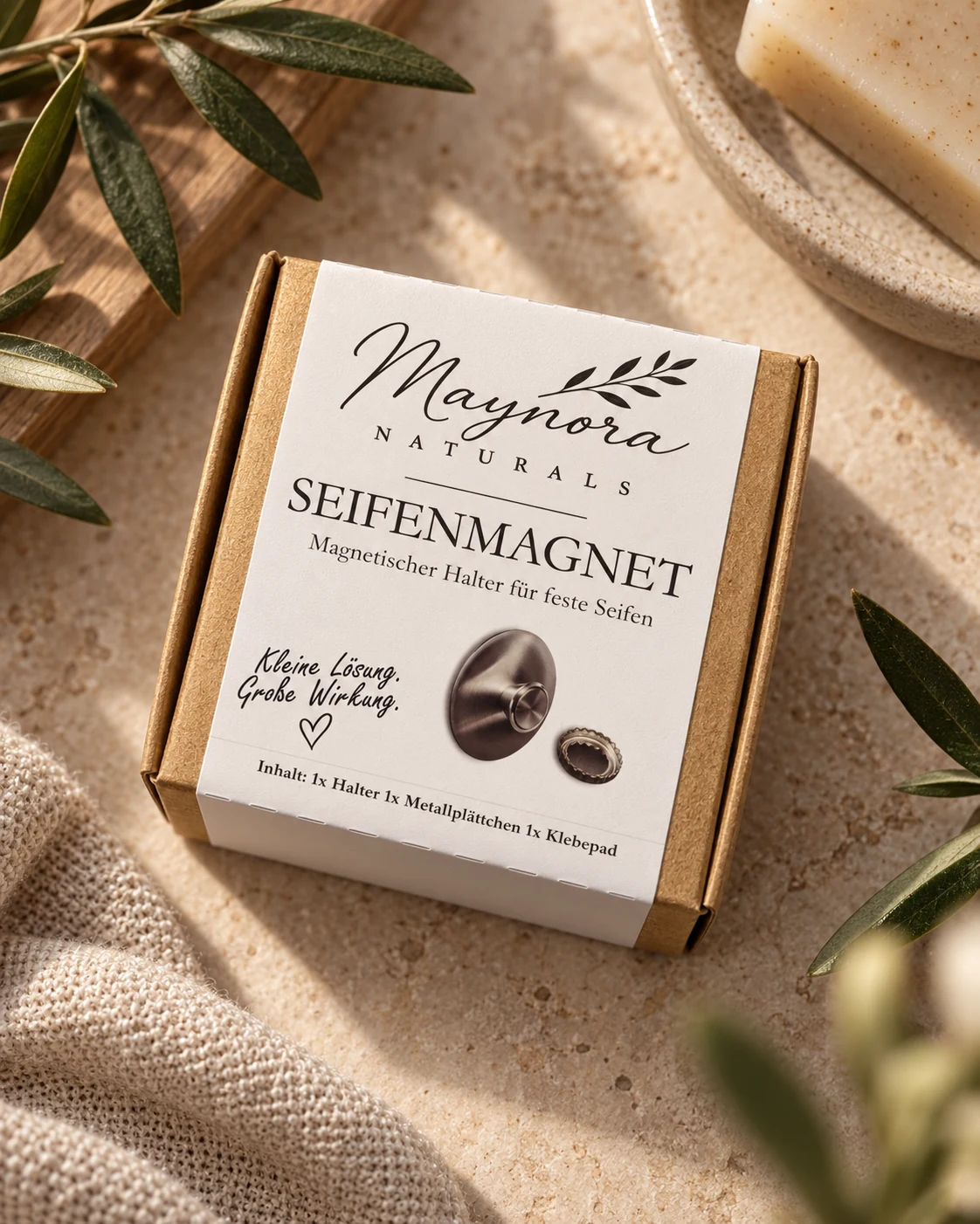 Maynora Naturals Seifenmagnet in der Produktverpackung