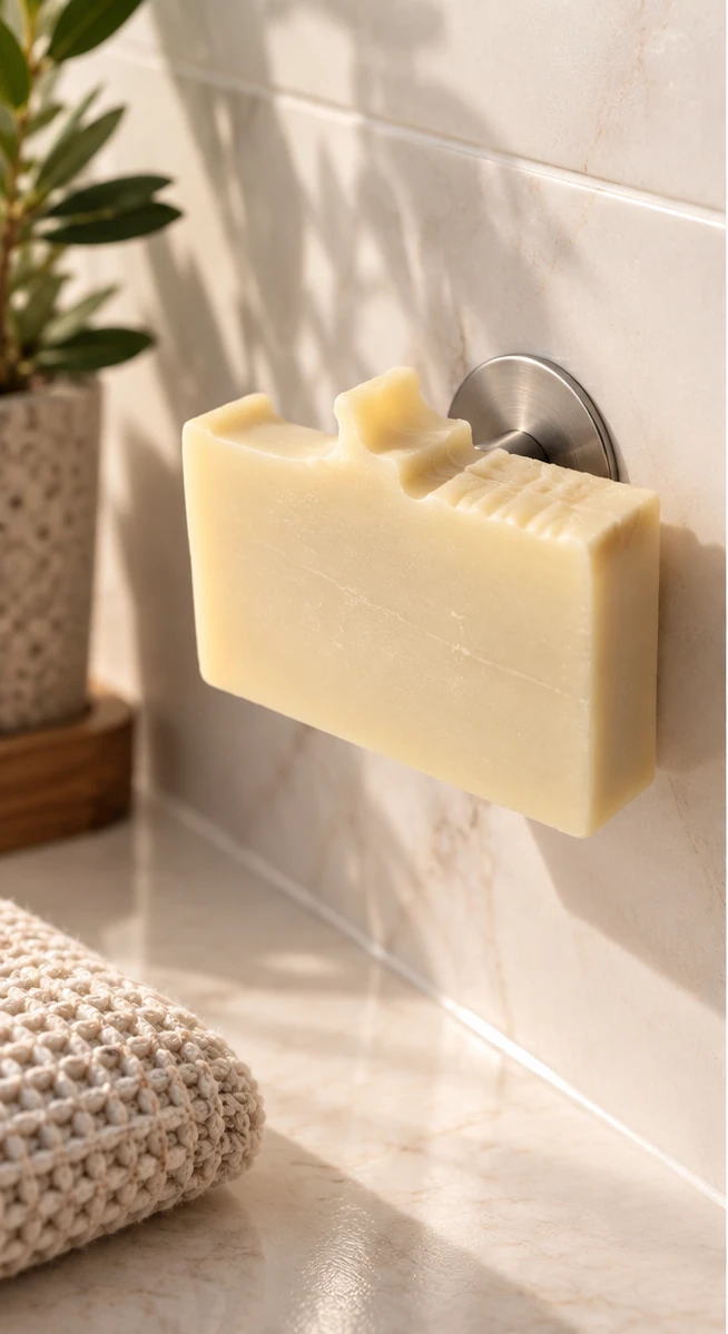 Seifenmagnet mit schwebend befestigter Seife an einer Badezimmerwand