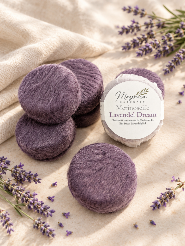 Lavendel Dream Merinoseifen in violetten Wollhüllen mit Verpackung