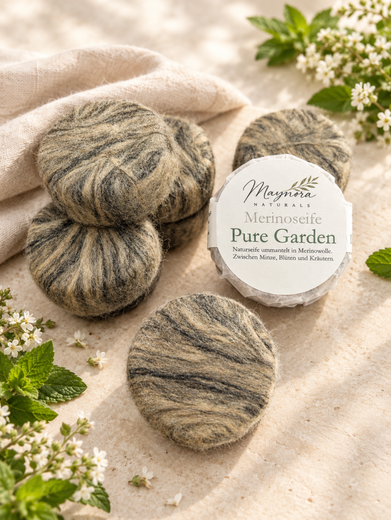 Pure Garden Merinoseifen in naturfarbenen und dunkelgrünen Wollhüllen mit Verpackung