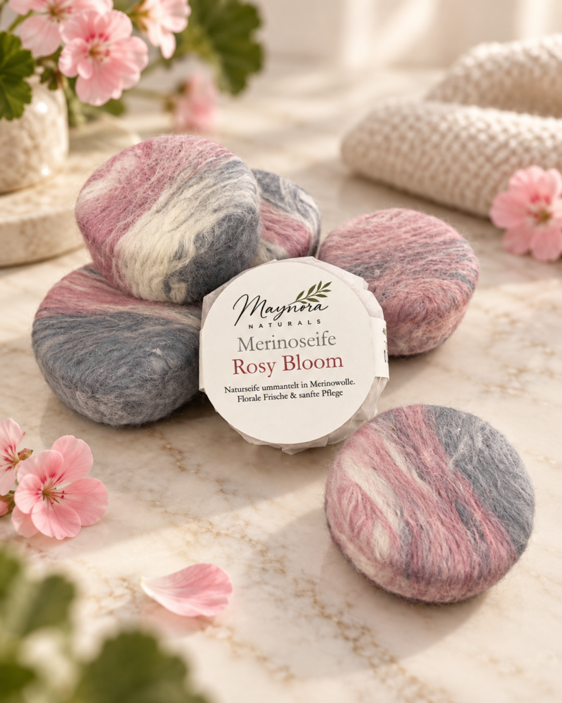 Merinoseife Rosy Bloom mit handgefilzter Merinowollhülle
