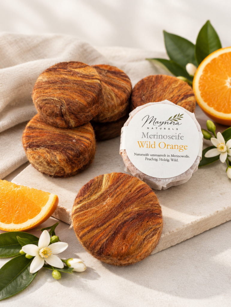 Wild Orange Merinoseifen in orangefarbenen und braunen Wollhüllen mit Verpackung