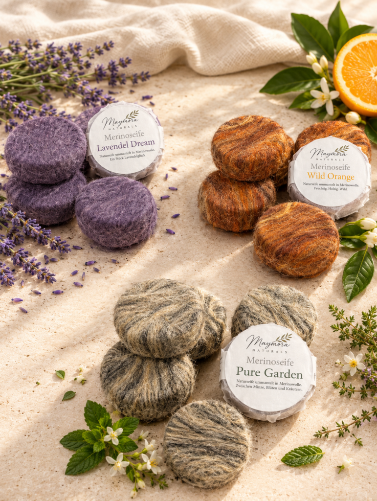 Merinoseifen Lavendel Dream, Wild Orange und Pure Garden in farbigen Wollhüllen mit ihren Verpackungen